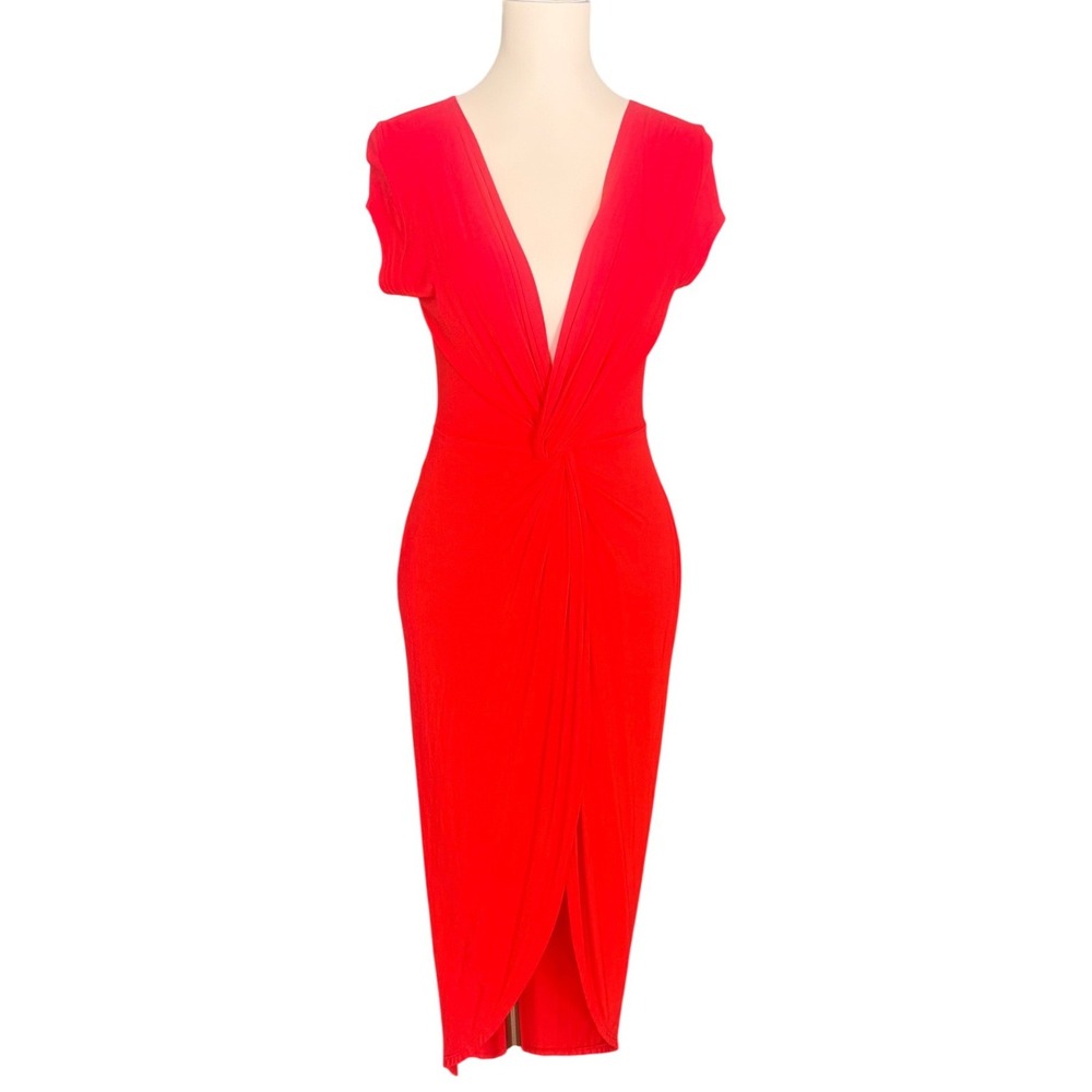 Rolla Coster Red Twist Front‎ Deep V-Neck Midi Dress Small Cap Sleeve Tulip Hem